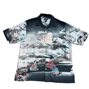 Citron Mens Silk Aloha Shirt‎ Asian Scene Geisha Kimono Print Black S